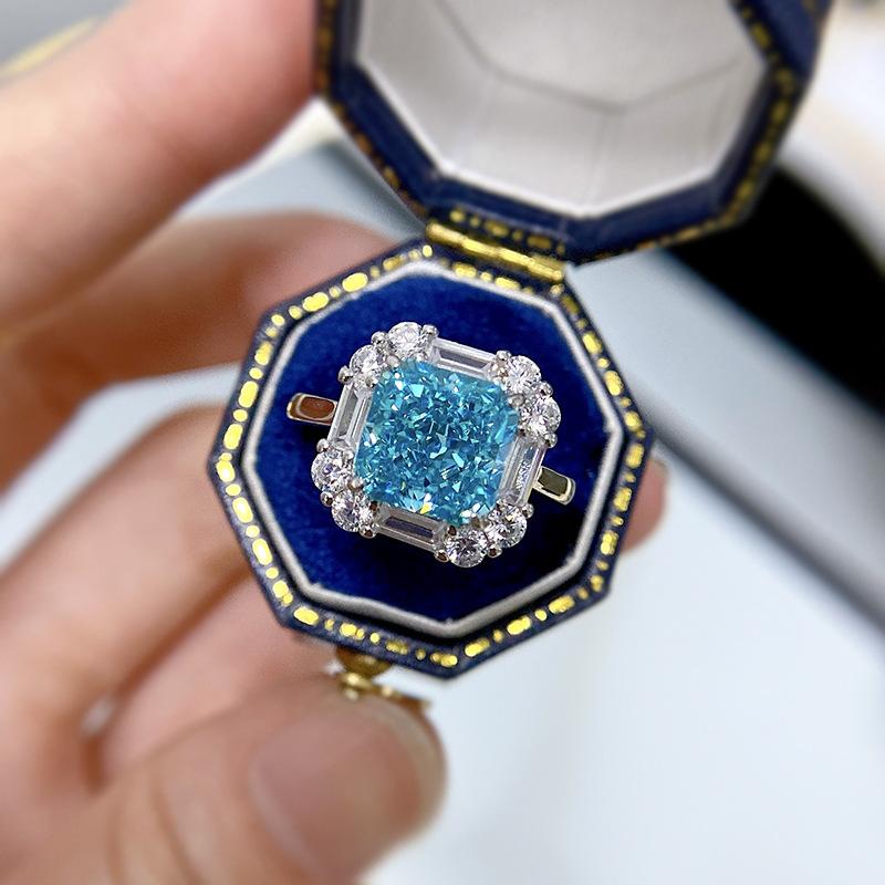 S925 Sterling Silver Sea Blue Ice Flower Cut Square 8*8mm 8A Cubic Zirconia Ring-439(25%)