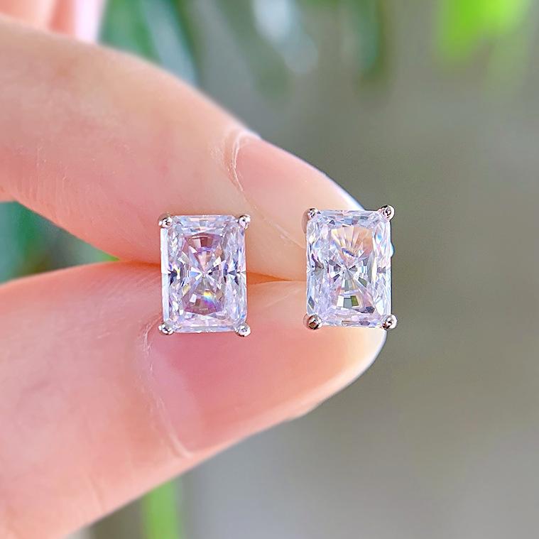 S925 Sterling Silver Ice Flower Cut Rectangular Stud Earrings 1 cart 5*7MM 8A Cubic Zirconia Stud Earrings Daily Life Earrings-610(35%)