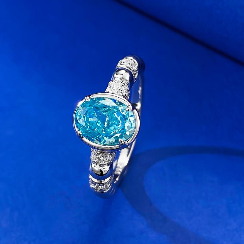 S925 Sterling Silver Light Sea Blue Round Ice Flower Cut 6*8 mm  8A Cubic Zirconia Ring-434(25%)