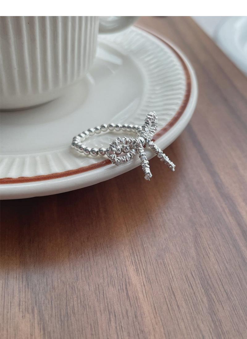S925 Sterling Silver Broken Silver Bow Elastic Cord Stretch Beaded Ring for Women - 520(45%)