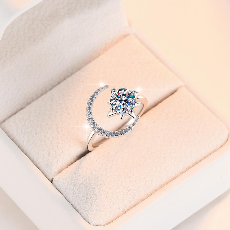 S925 Sterling Silver Starmoon Open Ring Synthetic Moissanite Ring fashion jewelry accessory woman girl promise ring-201(35%)