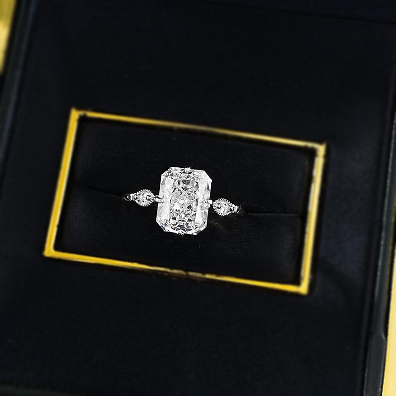 S925 Sterling Silver Ice Flower Cut Three stones Square 7*9mm 8A Cubic Zirconia Ring-122(45%)