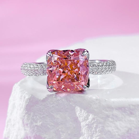 S925 Sterling Silver Pink Flower Bud Square 8*8mm 6A Cubic Zirconia Ring-426(25%)