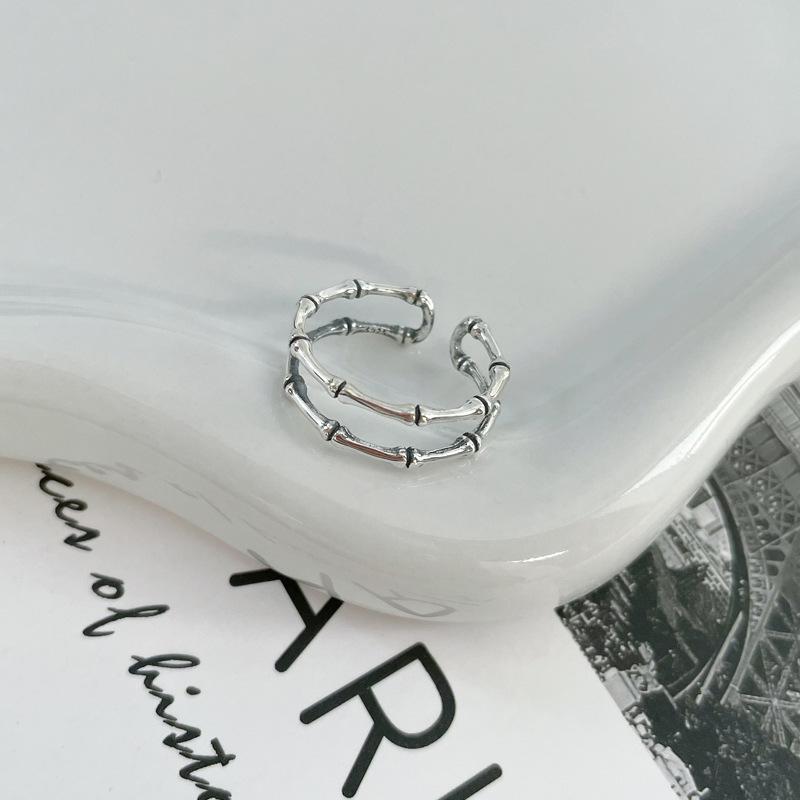 S925 Sterling Silver Vintage Distressed Double Layer Bamboo Knot Ring for Women Open Ring - 502(45%)