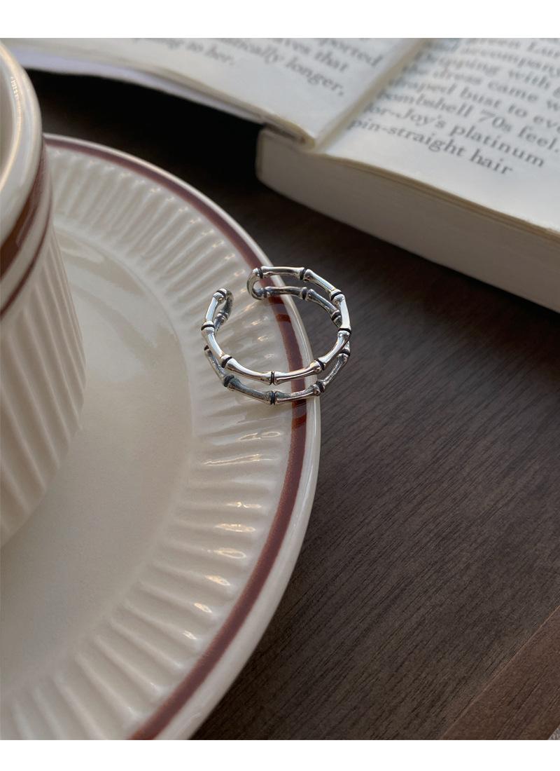 S925 Sterling Silver Vintage Distressed Double Layer Bamboo Knot Ring for Women Open Ring - 502(45%)