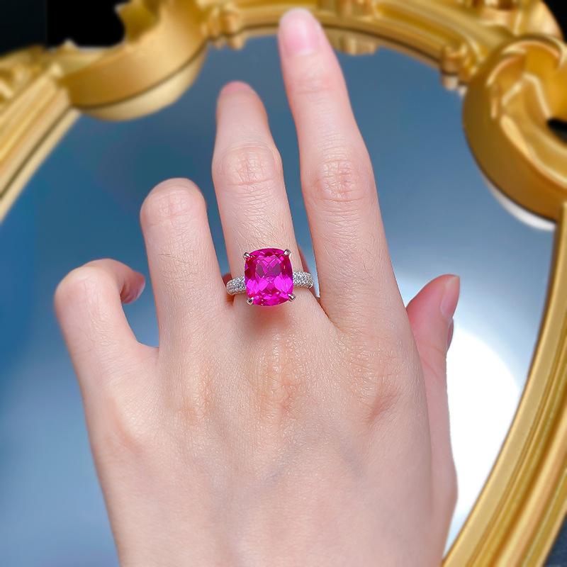 S925 Sterling Silver Rose Red Square Four Claws 10*12mm  6A Cubic Zirconia Ring-144(45%)