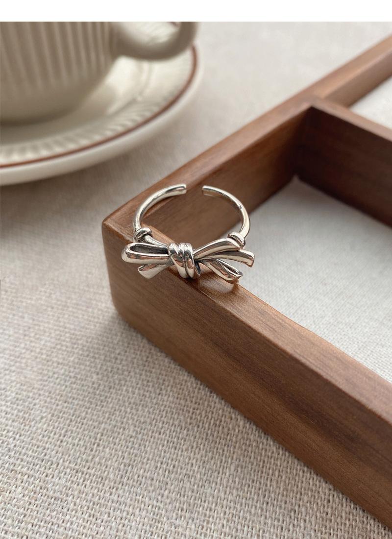 S925 Sterling Silver Vintage Distressed Bow Knot Ring for Women Open Ring -517(45%)