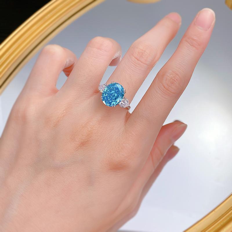 S925 Sterling Silver Aquamarine Three-stones Ice Flower Cut Oval Ring 10*12mm 8A Cubic Zirconia Ring-366(35%)