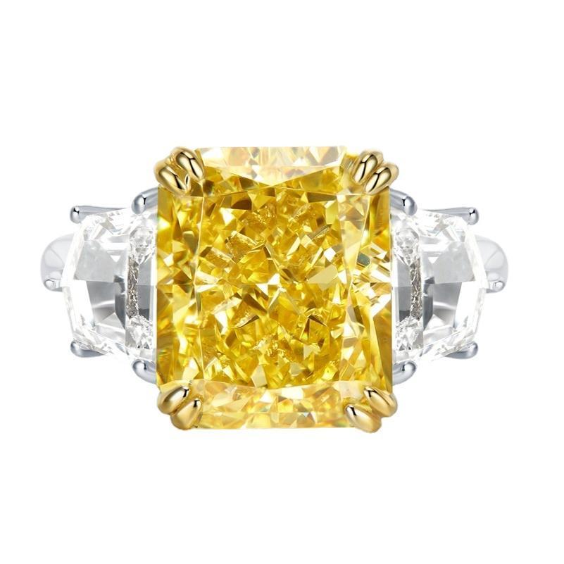 S925 Sterling Silver Yellow/Purple Radiant Cut High Carbon Three Stones Ring 10*12mm 8A Cubic Zirconia Ring-454(25%)