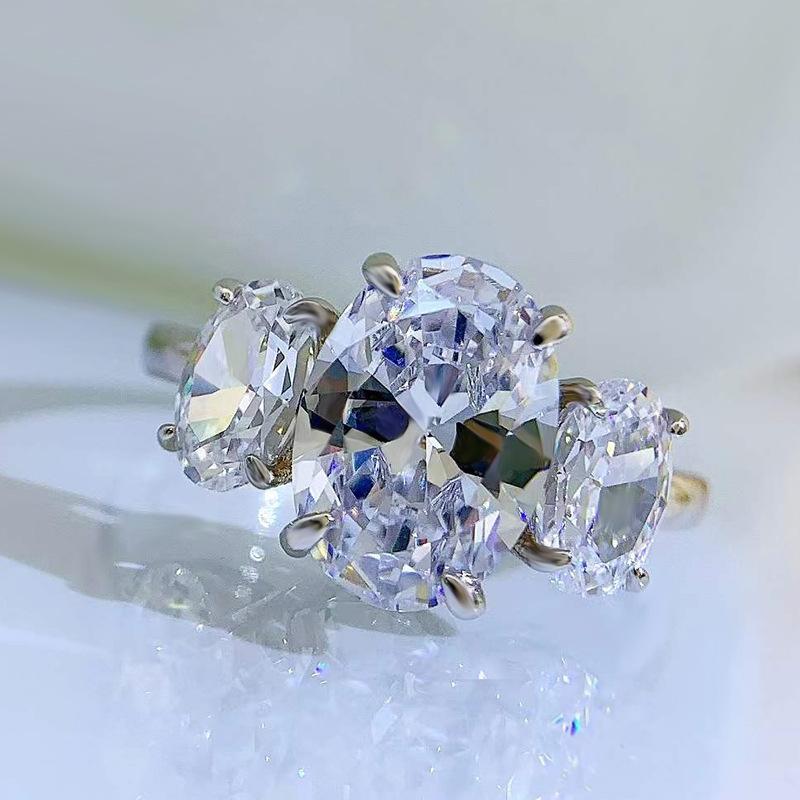 S925 Sterling Silver Big Three-stones Oval Cut Oval Ring 8*11mm 6A Cubic Zirconia Ring-234(35%)