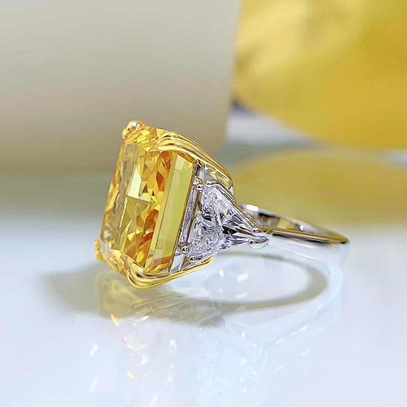 S925 Sterling Silver Pink/Yellow Rectangular Ice Flower Cut Three Stones 13*16mm 8A Cubic Zirconia Ring-444(25%)