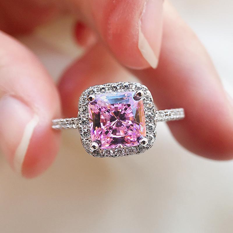 S925 Sterling Silver Cushion Shape Square White/Yellow/Pink 7*7mm 6A Cubic Zirconia Ring-147(45%)