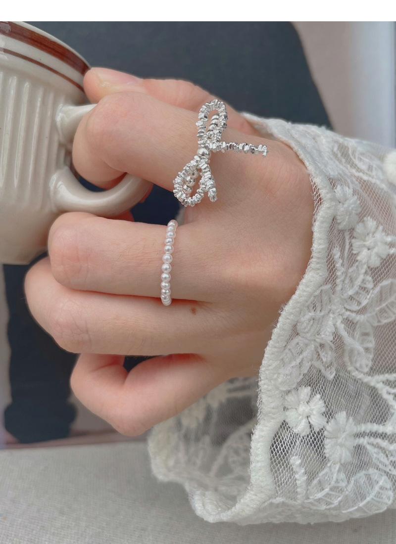 S925 Sterling Silver Broken Silver Bow Elastic Cord Stretch Beaded Ring for Women - 520(45%)