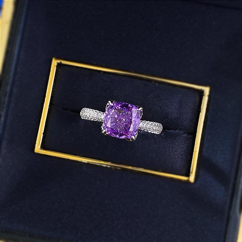 S925 Sterling Silver Purple Square Four-claws Ring 8*8mm 6A Cubic Zirconia Ring-419(25%)