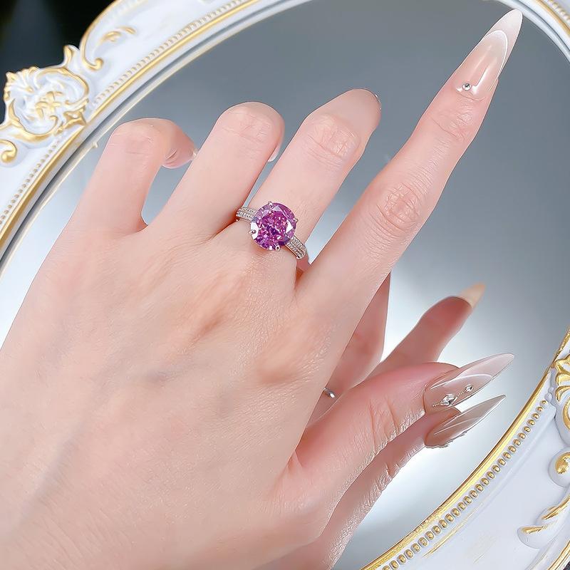 S925 Sterling Silver Purple Rose Pigeon Egg Cut Oval High Carbon Ring 10*11mm 6A Cubic Zirconia Ring-458(25%)