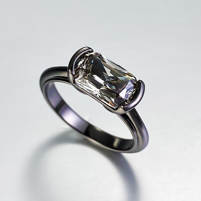 S925 Sterling Silver Black Golden Radiant Cut Rectangular Ring 6*9mm 6A Cubic Zirconia Ring-348(35%)