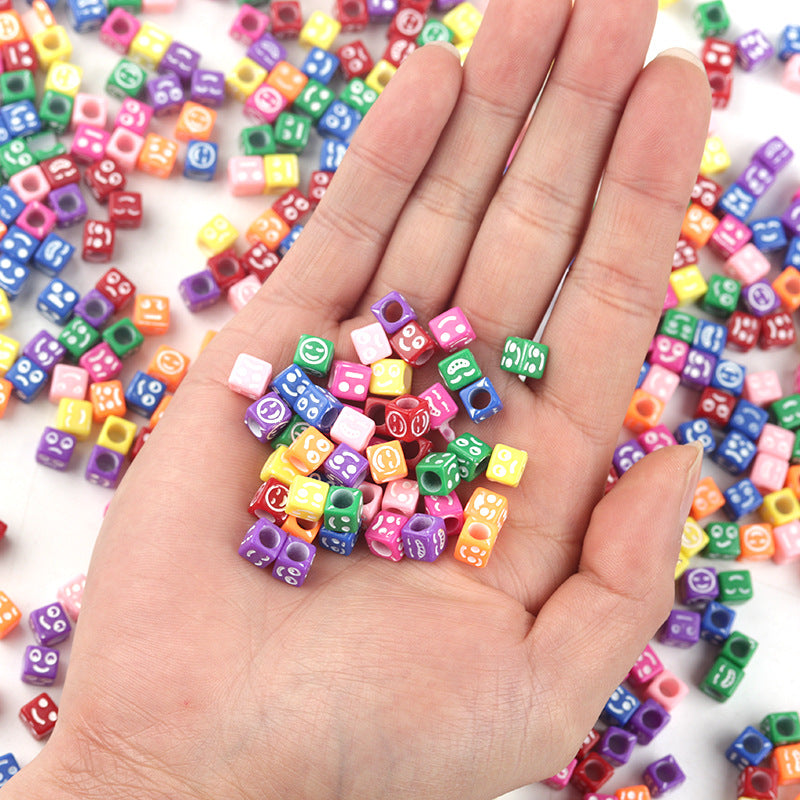 100 Pcs/Pack Acrylic Square Smiley Beads Colorful Expression Square Large Hole Beads Diy Children Bracelet Accessories