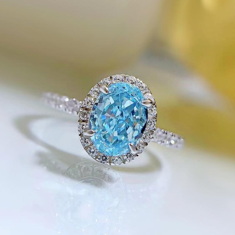 S925 Sterling Silver Aquamarine Radiant Cut Oval Ring 6*8mm 6A Cubic Zirconia Ring-239(35%)