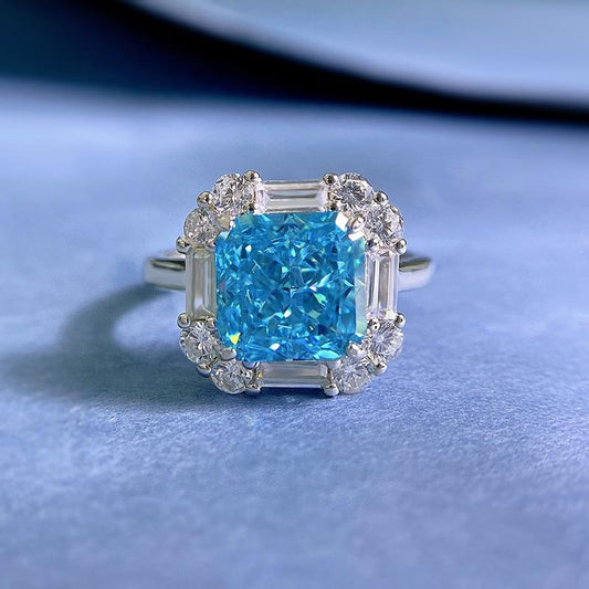 S925 Sterling Silver Sea Blue Ice Flower Cut Square 8*8mm 8A Cubic Zirconia Ring-439(25%)
