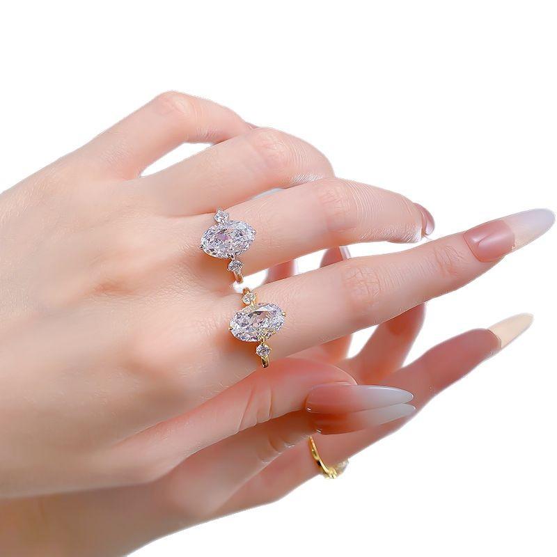 S925 Sterling Silver Ice Flower Cut Oval Three-stones Ring 8*12mm 8A Cubic Zirconia Ring-371(35%)