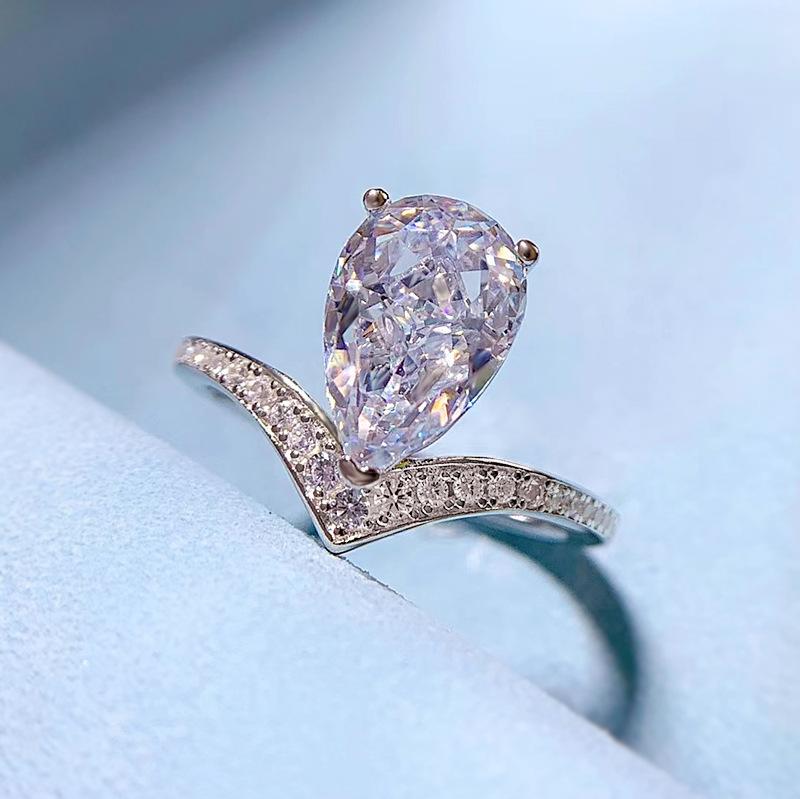 S925 Sterling Silver Purple/White Pear Shaped 7*11mm 8A Cubic Zirconia Ring-442 emerald  ring(25%)