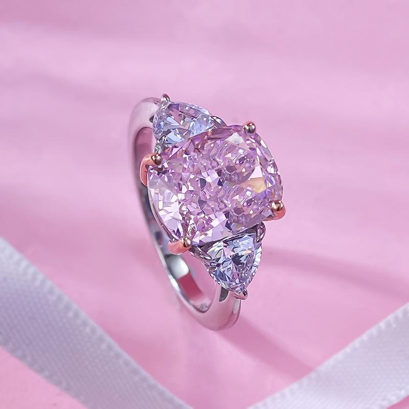 S925 Sterling Silver Pink Three Stones Square 8*10mm 6A Cubic Zirconia Ring-150(45%)