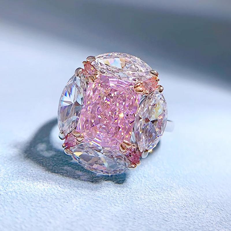 S925 Sterling Silver Pink Radiant Cut Oval Ring 8*10mm 8A Cubic Zirconia Ring-456(25%)