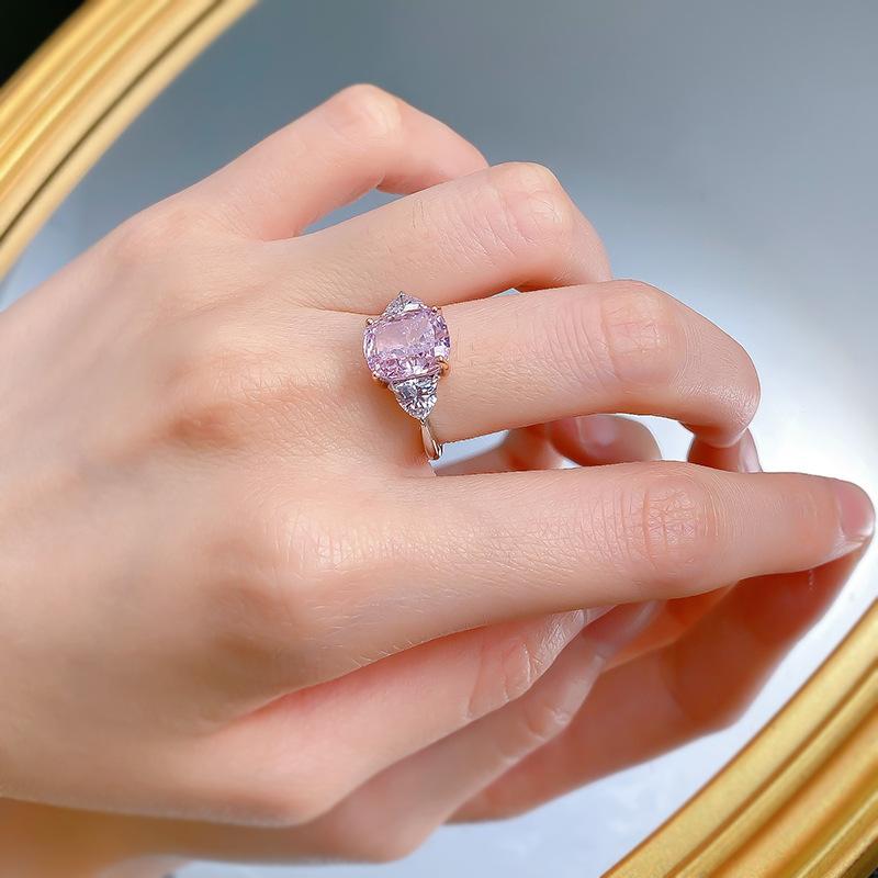 S925 Sterling Silver Pink Three Stones Square 8*10mm 6A Cubic Zirconia Ring-150(45%)