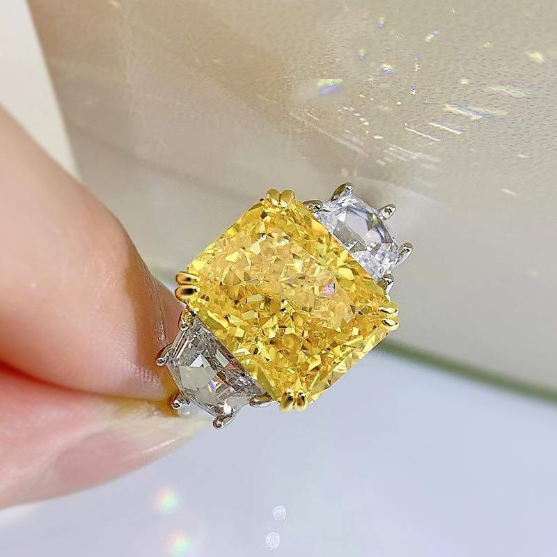 S925 Sterling Silver Yellow/Purple Radiant Cut High Carbon Three Stones Ring 10*12mm 8A Cubic Zirconia Ring-454(25%)