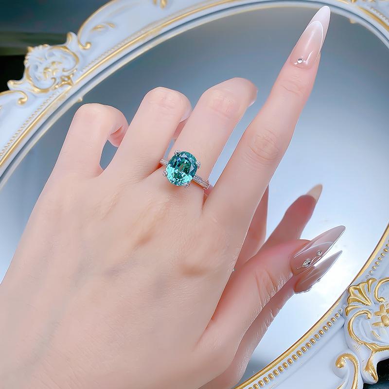 S925 Sterling Silver Green Oval Cut Four Claws Ring 10*12mm 8A Cubic Zirconia Ring-460(25%)