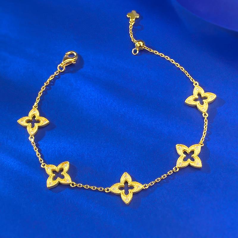 S925 Sterling Five-leaf Clover with Golden Trim Bracelet-309(45%)