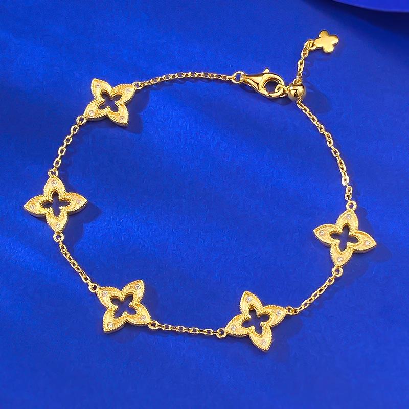 S925 Sterling Five-leaf Clover with Golden Trim Bracelet-309(45%)
