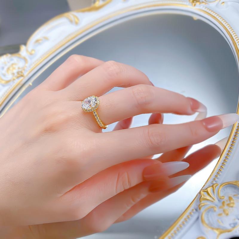 S925 Sterling Silver Oval Pigeon Eggs Golden Plated 7*9mm 6A Cubic Zirconia Ring-126(45%)
