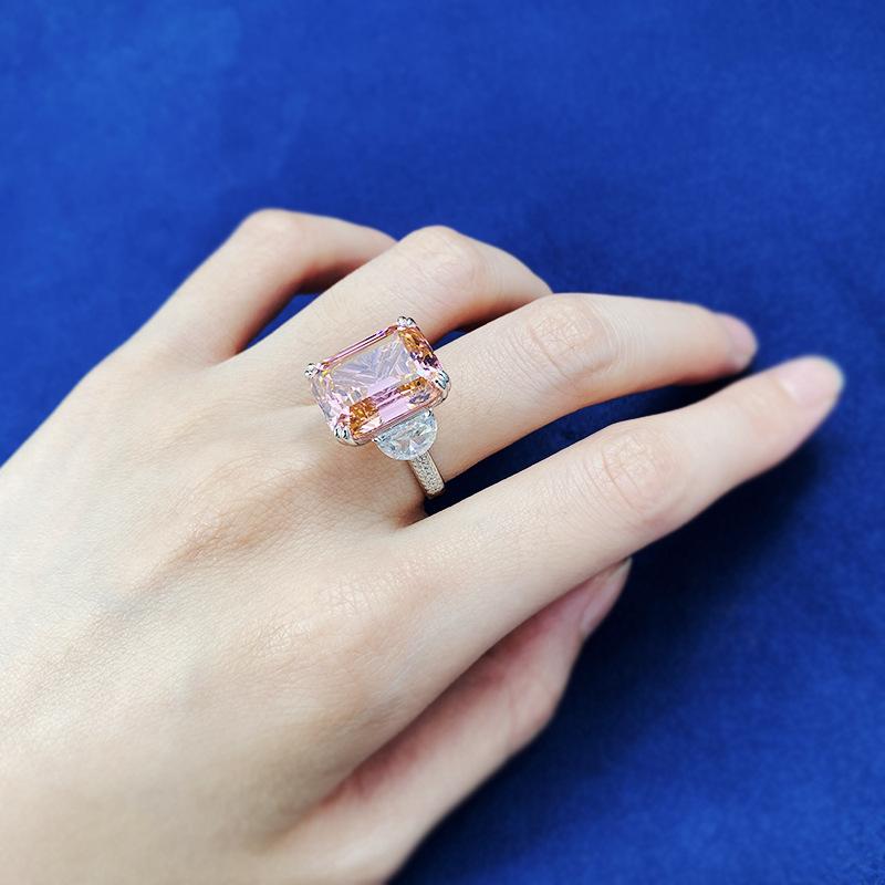 S925 Sterling Silver Orange Pink Grandma Asscher Cut Rectangular Ring 13*16mm 8A Cubic Zirconia Ring 15carats-132(45%)