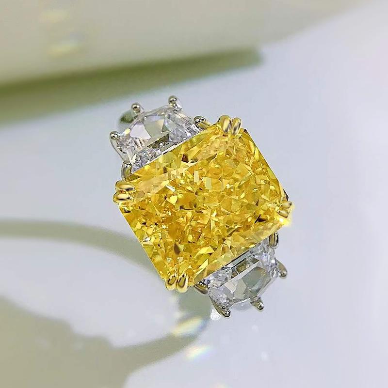 S925 Sterling Silver Yellow/Purple Radiant Cut High Carbon Three Stones Ring 10*12mm 8A Cubic Zirconia Ring-454(25%)