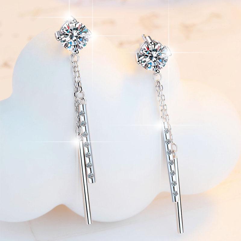 47. S925 Sterling Silver Long Tassel Stud Earrings Synthetic Moissanite Stud Earrings