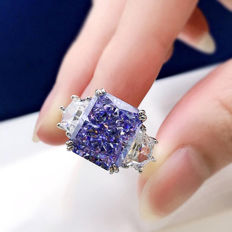 S925 Sterling Silver Yellow/Purple Radiant Cut High Carbon Three Stones Ring 10*12mm 8A Cubic Zirconia Ring-454(25%)