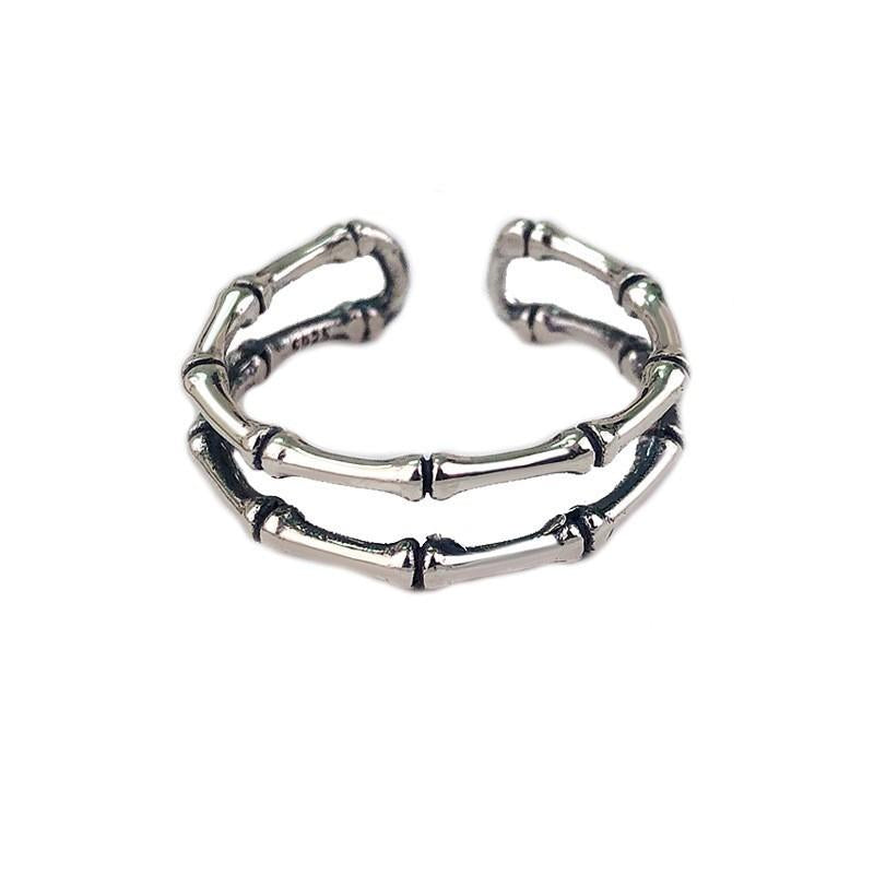 S925 Sterling Silver Vintage Distressed Double Layer Bamboo Knot Ring for Women Open Ring - 502(45%)