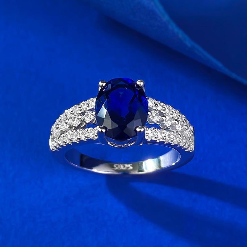 S925 Sterling Silver Blue Oval Cut Oval Ring 7*9mm 6A Cubic Zirconia Ring-268(35%)