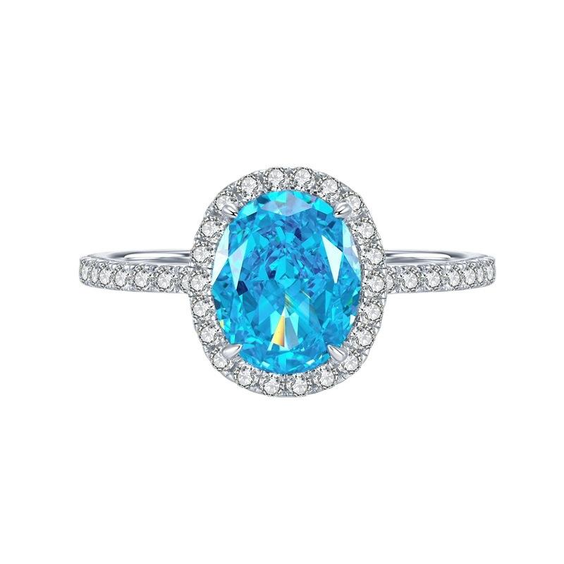 S925 Sterling Silver Aquamarine Radiant Cut Oval Ring 6*8mm 6A Cubic Zirconia Ring-239(35%)