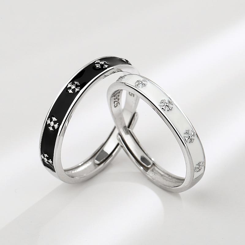 S925 Sterling Silver Simple Couple Rings Black and White Matte Rhombus Design-484(45%)