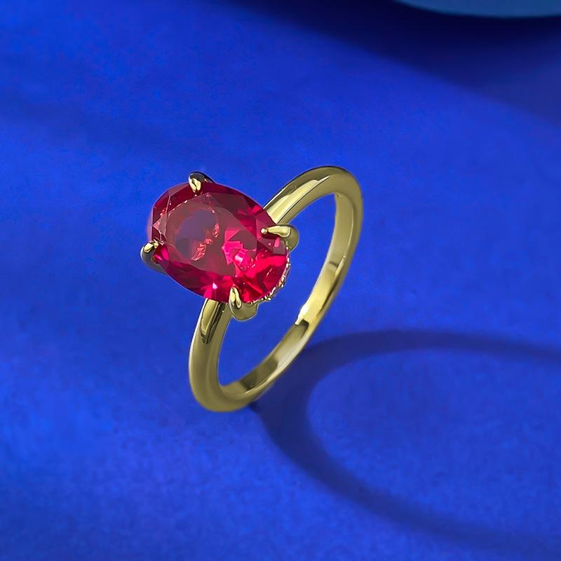 S925 sterling silver red oval cut golden plated ring 7*10mm 6A cubic zirconia ring -102(35%)