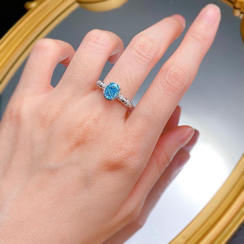 S925 Sterling Silver Light Sea Blue Round Ice Flower Cut 6*8 mm  8A Cubic Zirconia Ring-434(25%)