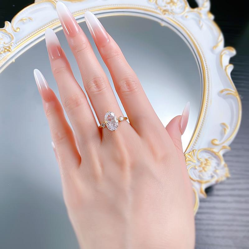 S925 Sterling Silver Ice Flower Cut Oval Three-stones Ring 8*12mm 8A Cubic Zirconia Ring-371(35%)