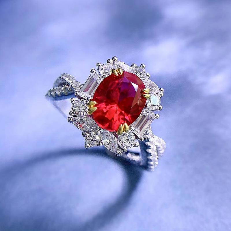 S925 Sterling Silver Red Oval Pigeon Egg 7*9 mm 6A Cubic Zirconia Ring-133(45%)