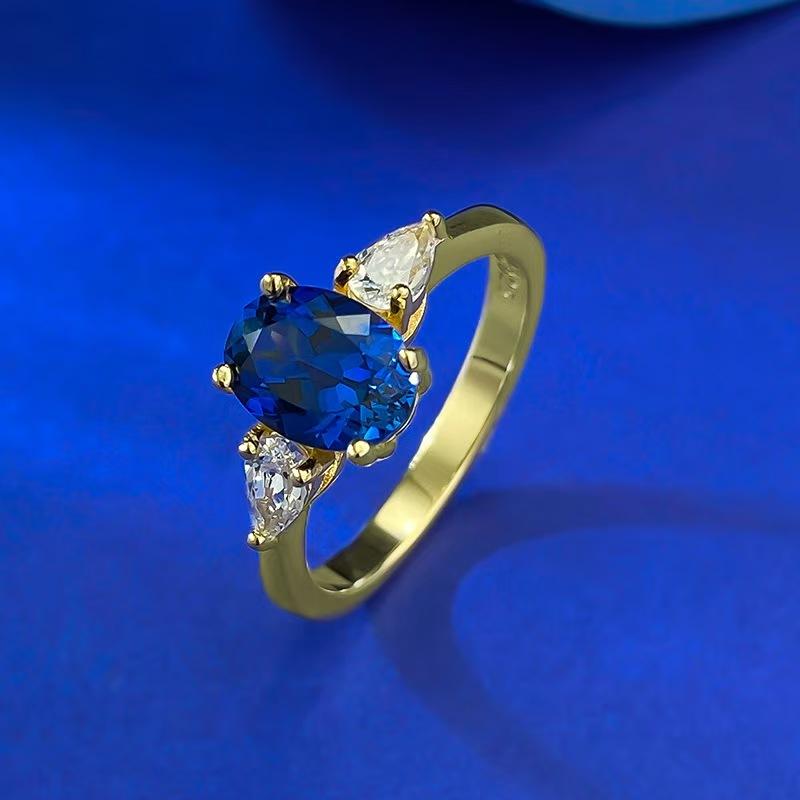 S925 Sterling Silver Oval Cut Ring Red/Blue 6*8mm 6A Cubic Zirconia Ring fashion jewelry accessory woman girl promise ring-271(35%)