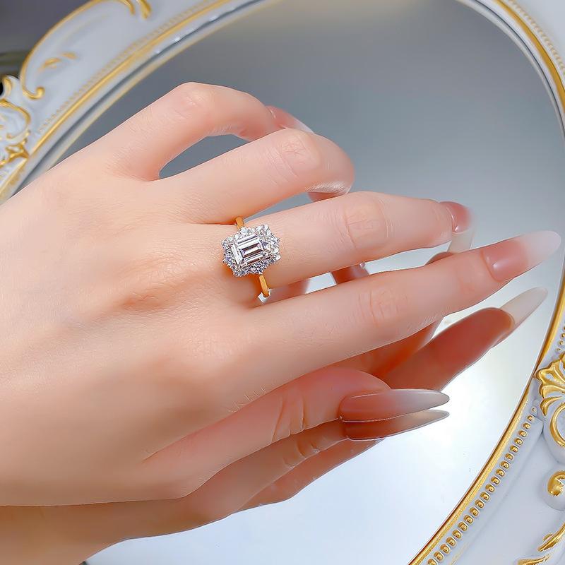 S925 Sterling Silver Rectangular Grandma Golden plated 6*8mm 6A Cubic Zirconia Ring-112(45%)