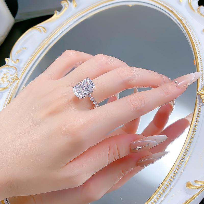 S925 Sterling Silver Radiant Fat Square Ice Flower Cut Ring 10*14mm 8A Cubic Zirconia Ring Ring-578(35%)