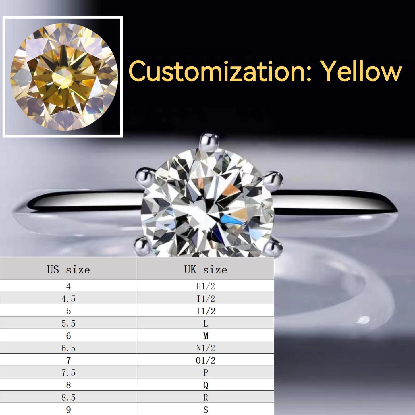 Yellow-S925 Sterling Silver D Color Synthetic Moissanite Six-claws Ring 1/2/3/5 Carat Elegant Luxury Daily Life Woman Birthday Gift Engagement-235(35%)