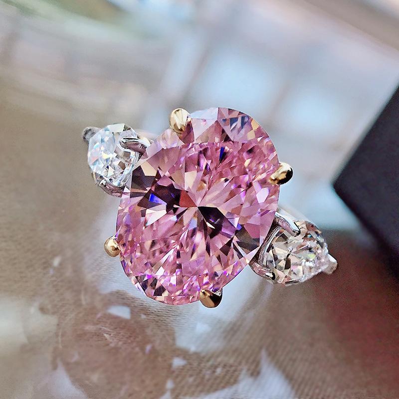 S925 Sterling Silver Purple Three-stones Oval Cut Oval Ring 10*14mm 6A Cubic Zirconia Ring Purple/Yellow/White-365(35%)